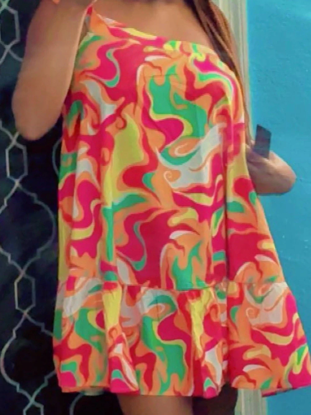 SHEIN Neon Swirl One-Shoulder Sundress in Pink, Green, Yellow, Orange